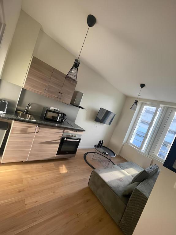 un salon avec un canapé et une cuisine dans l'établissement Nancy Cozy Lodge, à Nancy