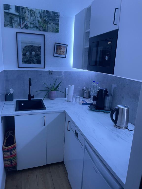 科隆Köln Wohnung 4 min nähe von Hbf und Dom mit Garten ,Balkon & office的带水槽和微波炉的白色厨房