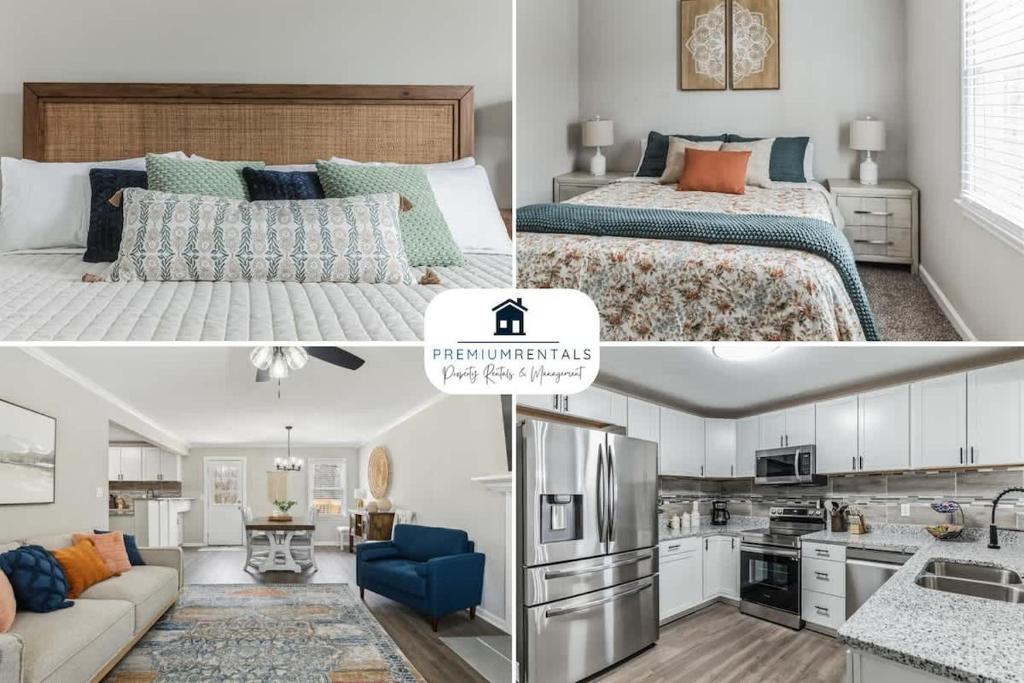 two pictures of a bedroom and a living room at Charming Farmhouse Retreat in Madison AL in Madison