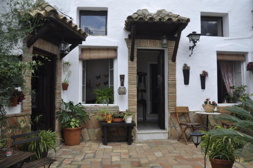 une maison blanche avec une cour ornée de plantes en pot dans l'établissement Casas Andrea La Cueva, à Vejer de la Frontera