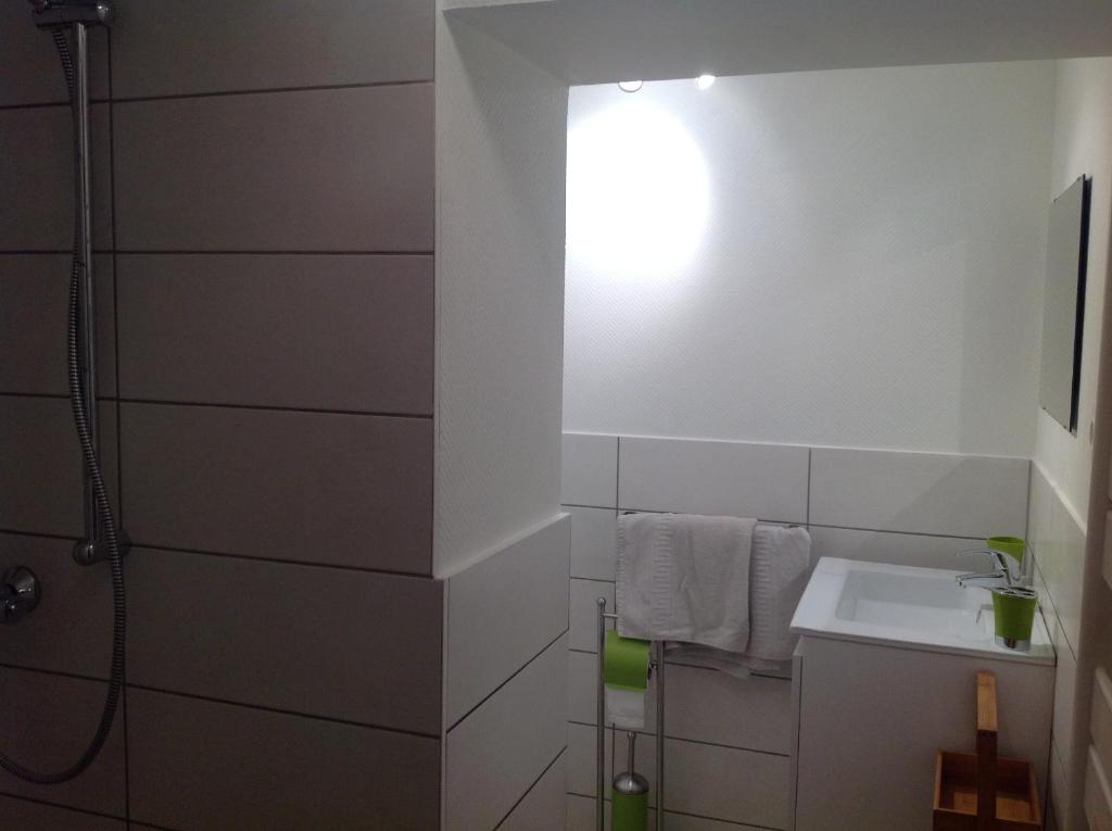 La salle de bains blanche est pourvue d'un lavabo et d'une douche. dans l'établissement Birgele, à Riquewihr
