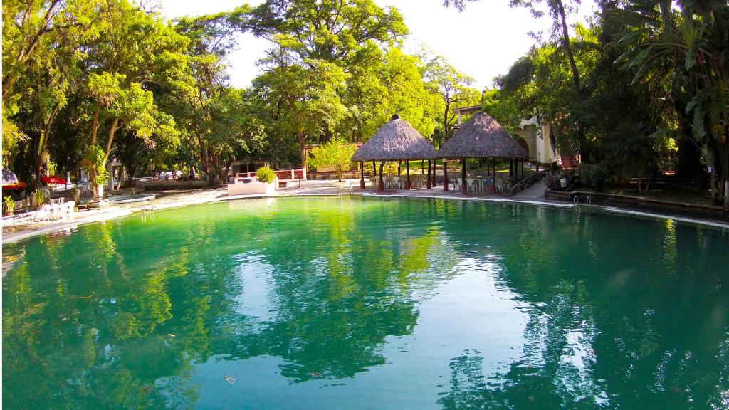 a large swimming pool with green water and trees at Hotel SPA Taninul in Los Puentes