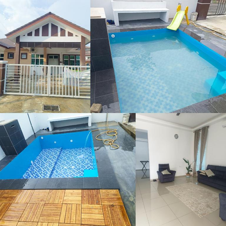 a collage of four pictures of a swimming pool at 4D Homestay TSNU Tampin with pool n Bbq set in Tampin