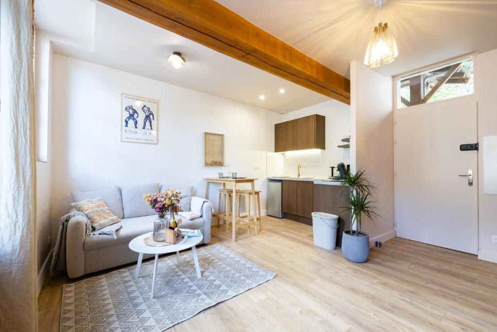 un salon avec un canapé et une table dans l'établissement Le Petit Domaine - Centre Ville, à Saumur
