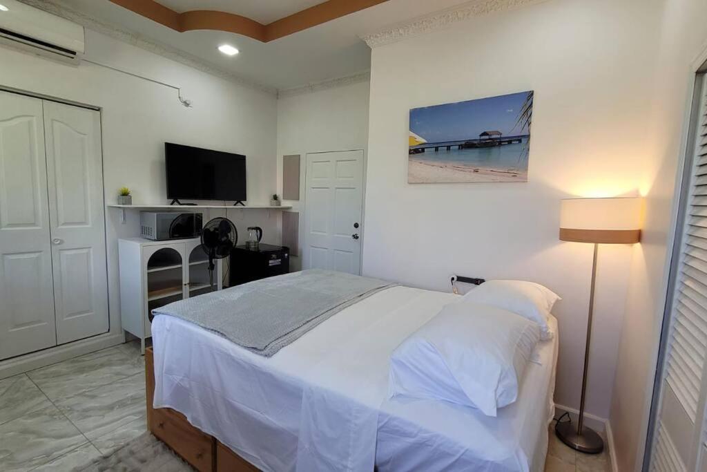a white bedroom with a bed and a television at Cozy Guest Suite in gated compound in Jerningham Junction