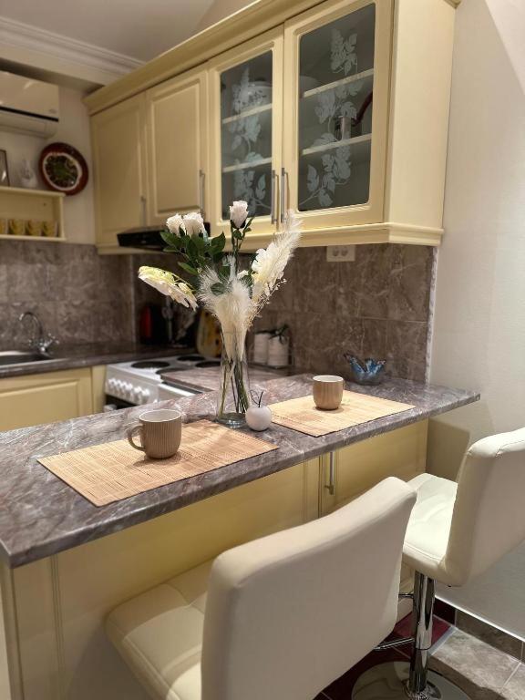 a kitchen with a counter with a vase of flowers at Adel's in Subotica