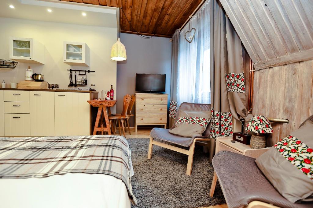 Cet appartement comprend une chambre avec un lit, une cuisine et une table. dans l'établissement Nosalove Apartamenty, à Zakopane