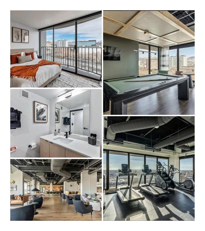 Un collage de cuatro fotografías de una habitación de hotel. en DT Studio Gym Pool Table 8th Floor Parking, en Salt Lake City