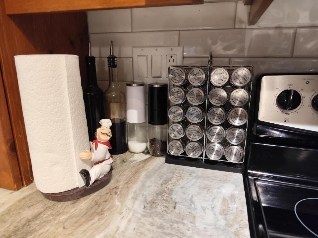 Il comprend une cuisine équipée d'un comptoir avec des serviettes en papier et une cuisinière. dans l'établissement luxurious Mont tremblant 2bd 2bth, à Mont-Tremblant