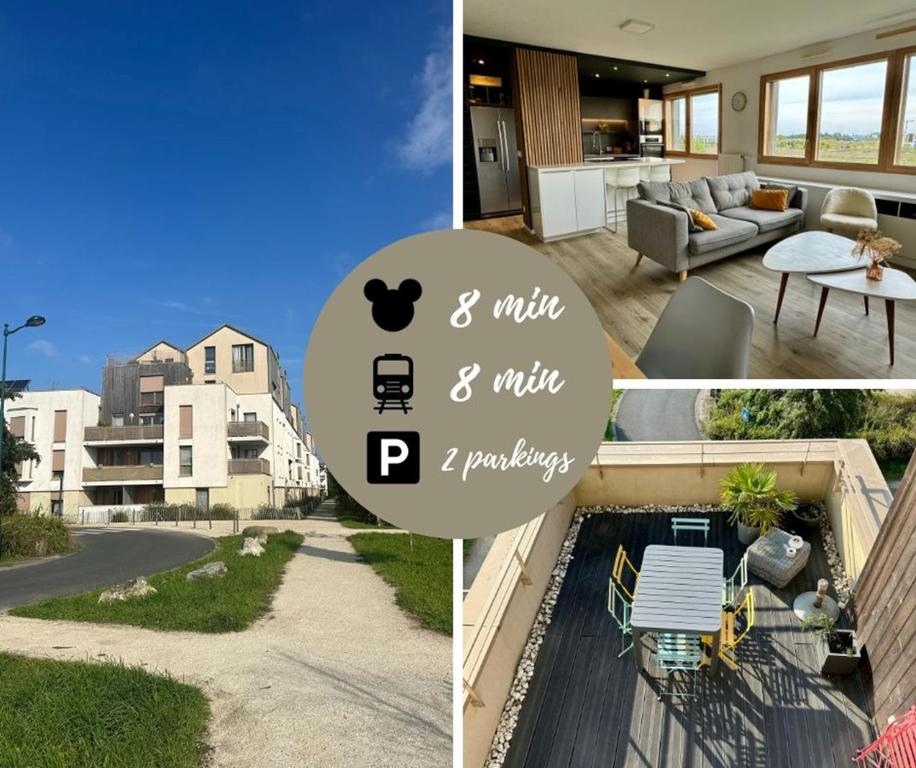 un collage de photos d'une maison dans l'établissement Duplex vue Disneyland , 3 chambres, 2 parkings, à Montévrain