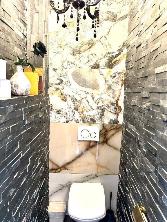 a bathroom with a white toilet and a stone wall at Belvedere Apartment in Vienna