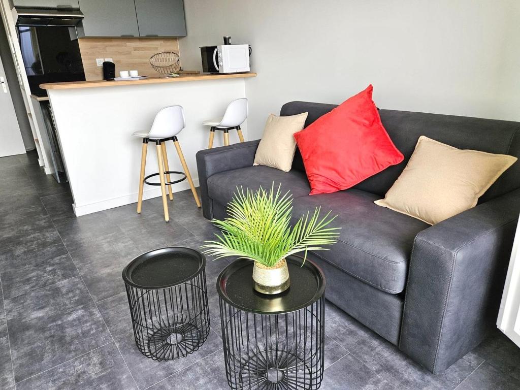 un salon avec un canapé et une table avec une plante dans l'établissement Centre ville - Métro B - Parking sup, à Toulouse