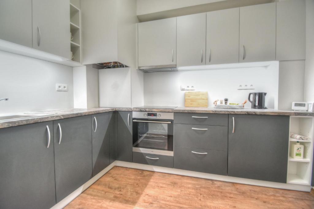una cucina con armadi bianchi e banconi grigi di Apartmán v centru Olomouce a Olomouc