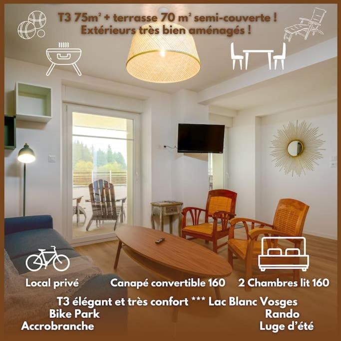 un rendu d'un salon avec une table et des chaises dans l'établissement Les Iris Blancs, à Orbey