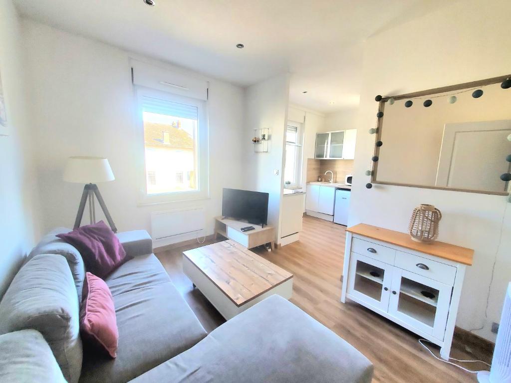 un salon avec un canapé et une table dans l'établissement Appartement lumineux en centre-ville, à Neuves-Maisons