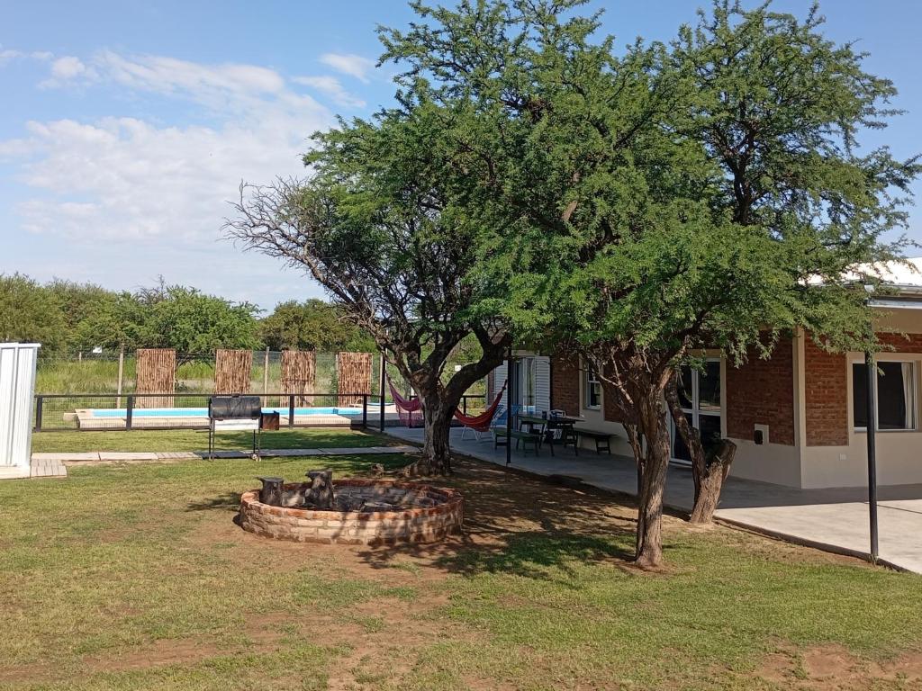 ein Baum und eine Feuerstelle im Hof in der Unterkunft CASA quinta ""LUZ AZUL"" con pileta, galeria, calefaccion , doble aire frío calor, WIFI in Santa Rosa