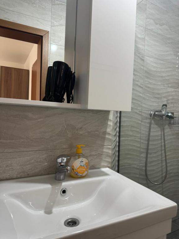 a white sink in a bathroom with a mirror at Hotel Palace Struga in Struga