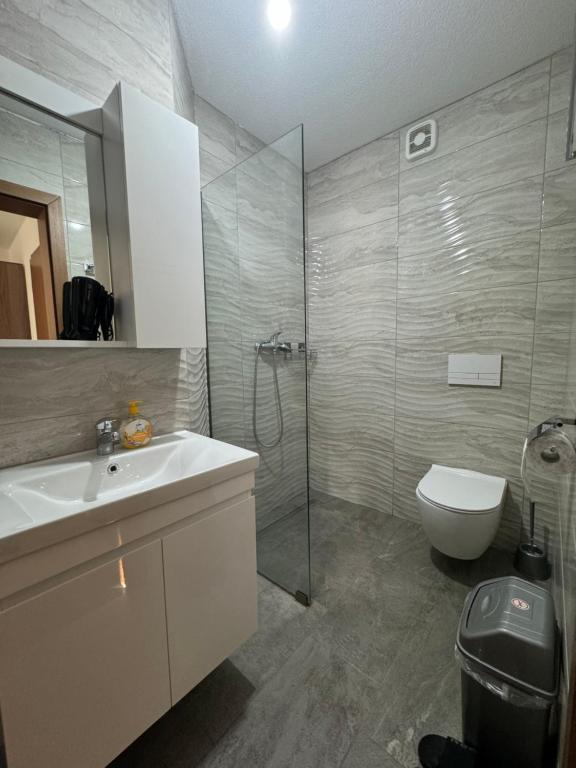 a bathroom with a shower and a sink and a toilet at Hotel Palace Struga in Struga