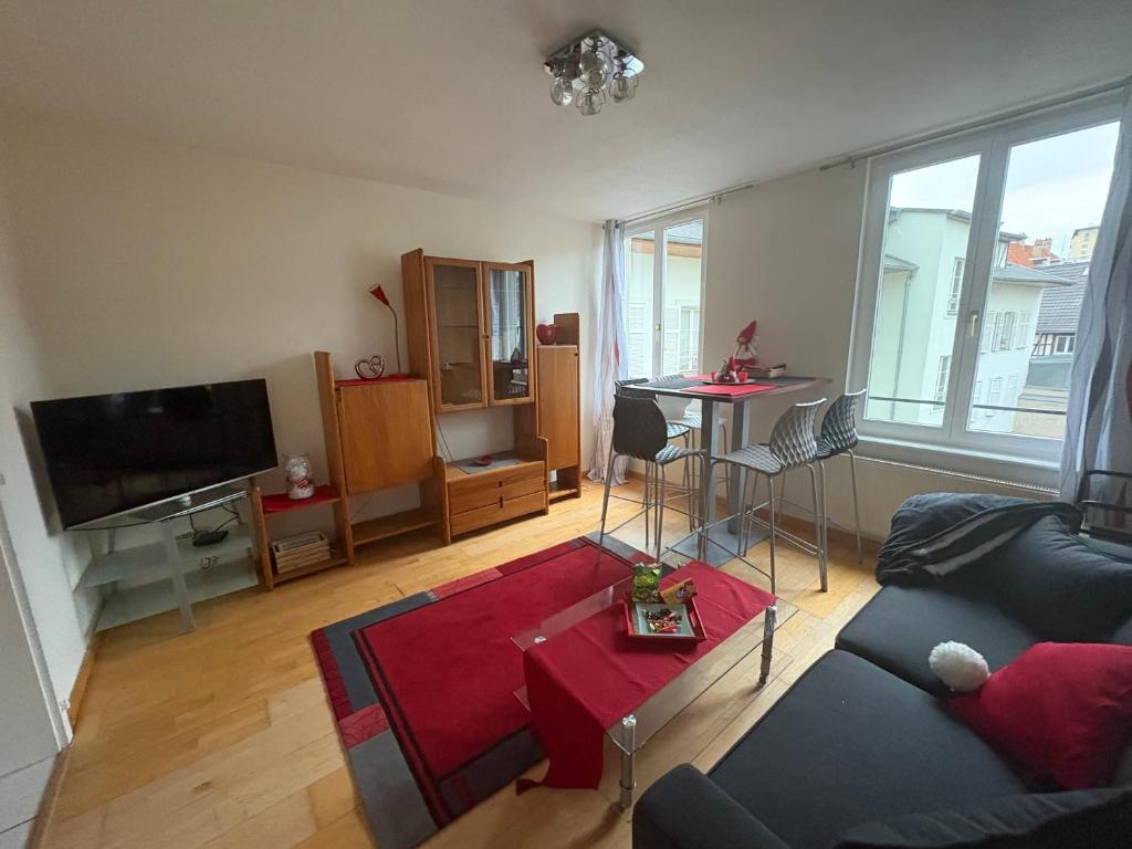 a living room with a couch and a tv at Appart 3P 57 m2 Le Coeur de la Krutenau Strasbourg in Strasbourg