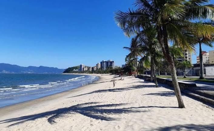una playa con palmeras y el océano en Quarto em Martim de Sá, en Caraguatatuba