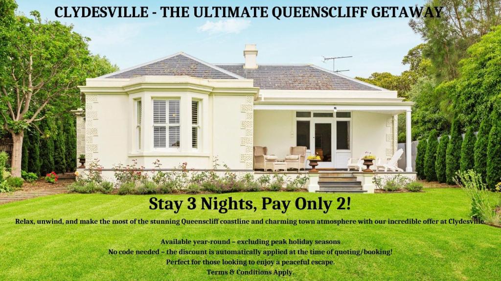 a advertisement for a white house with a yard at Clydesville in Queenscliff