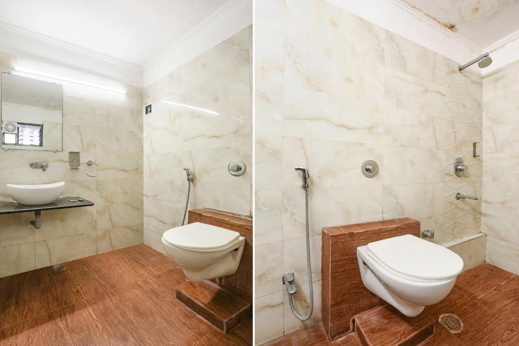 two images of a bathroom with a toilet and a sink at FabHotel Darshan Tower in Nagpur