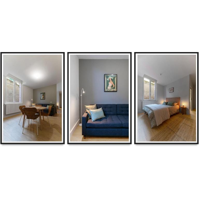 4 photos d'une chambre avec un canapé bleu et une table dans l'établissement Résidence Desroziers - Appartements design en centre ville, à Vichy