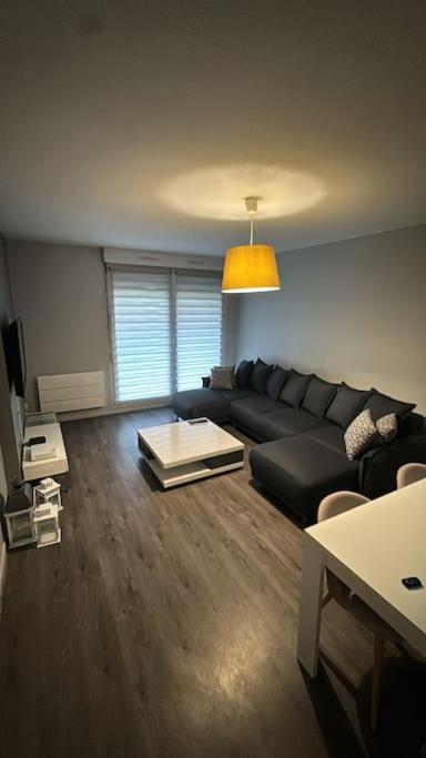 un salon avec un canapé noir et une table dans l'établissement F2 cosy proche marché de Noël, à Schiltigheim