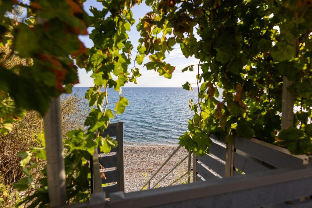 a bench on a beach with the ocean in the background at Ammoudeli Apartments in Plomarion