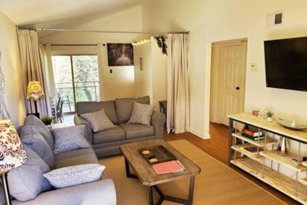 una sala de estar con un sofá y una mesa en Top-floor view, Walk to Sanford Stadium, en Athens