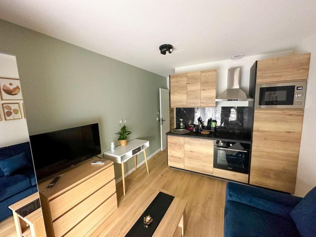 Il comprend un salon doté d'une cuisine avec un canapé et une table. dans l'établissement Cosy Studio Toulouse centre, à Toulouse