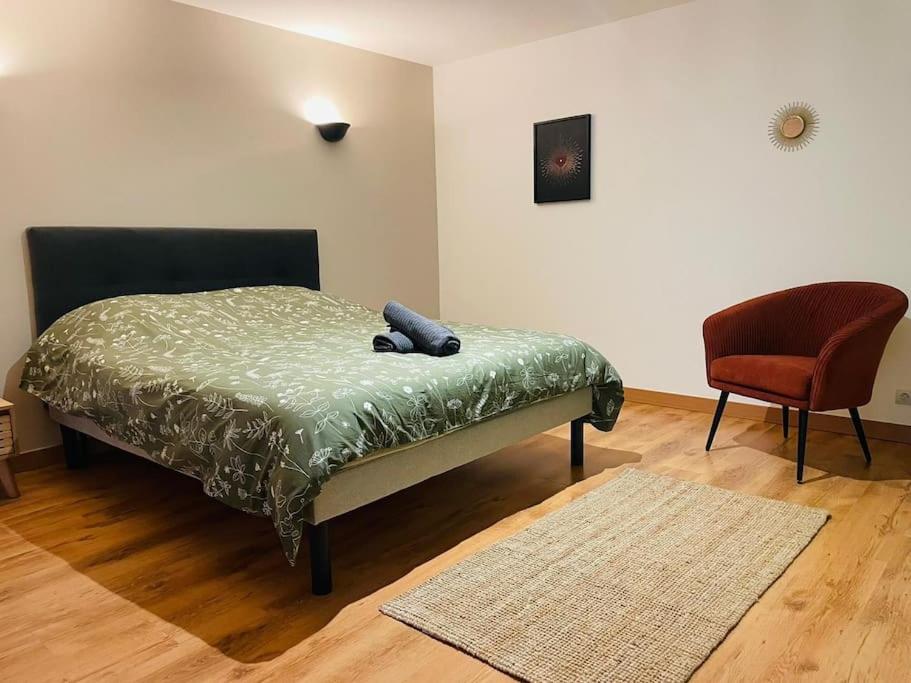 a bed in a room with a chair and a pillow at La Cigogne in Châteauvillain