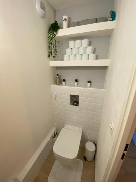 La salle de bains blanche est pourvue de toilettes et d'étagères blanches. dans l'établissement La Résidence Fleurie, vue sur le Lac Léman, à Thonon-les-Bains
