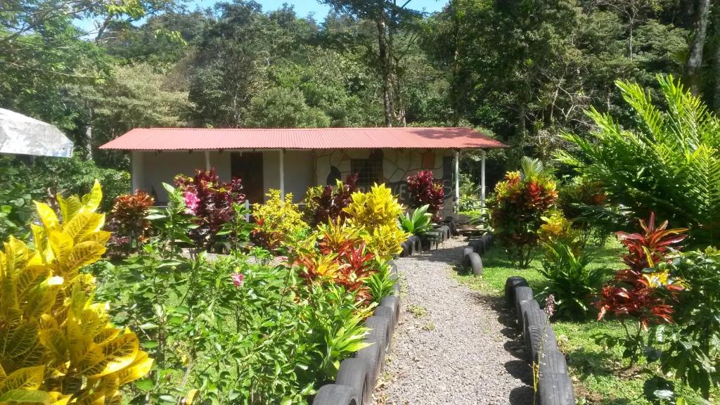 a garden with flowers in front of a small building at Nacientes Lodge in Bijagua