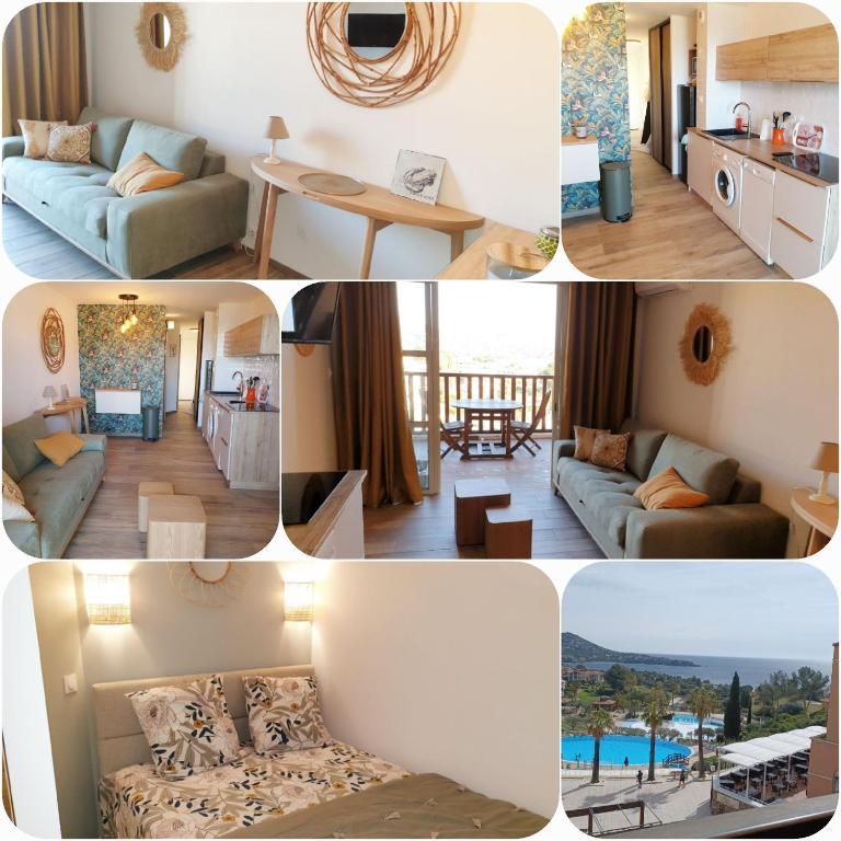 un collage de photos d'un salon et d'une cuisine dans l'établissement cap esterel vue mer et climatisation Bat E1 303 face aux piscines, à Saint-Raphaël