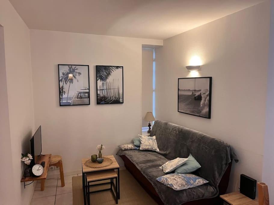 un salon avec un canapé et une table dans l'établissement Manon, 2 pièces, Wifi, coeur historique, calme, central, à La Rochelle