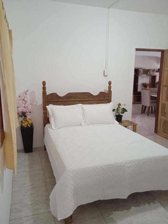 a bedroom with a white bed with a wooden headboard at Casa analia in Porto Seguro