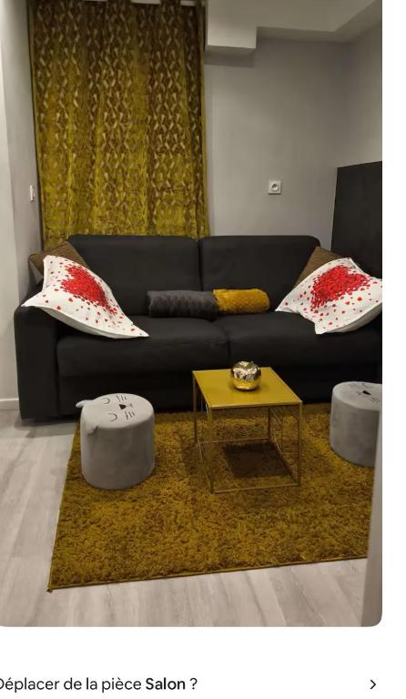 un salon avec un canapé noir et une table dans l'établissement MINI HERBERGEMENT MORDERNE 1e, à Deuil-la-Barre