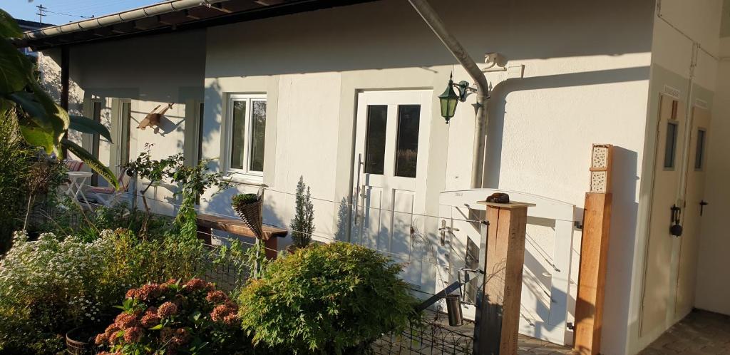 Una casa blanca con una puerta y algunas plantas. en Gästehaus Siebengebirge, en Königswinter