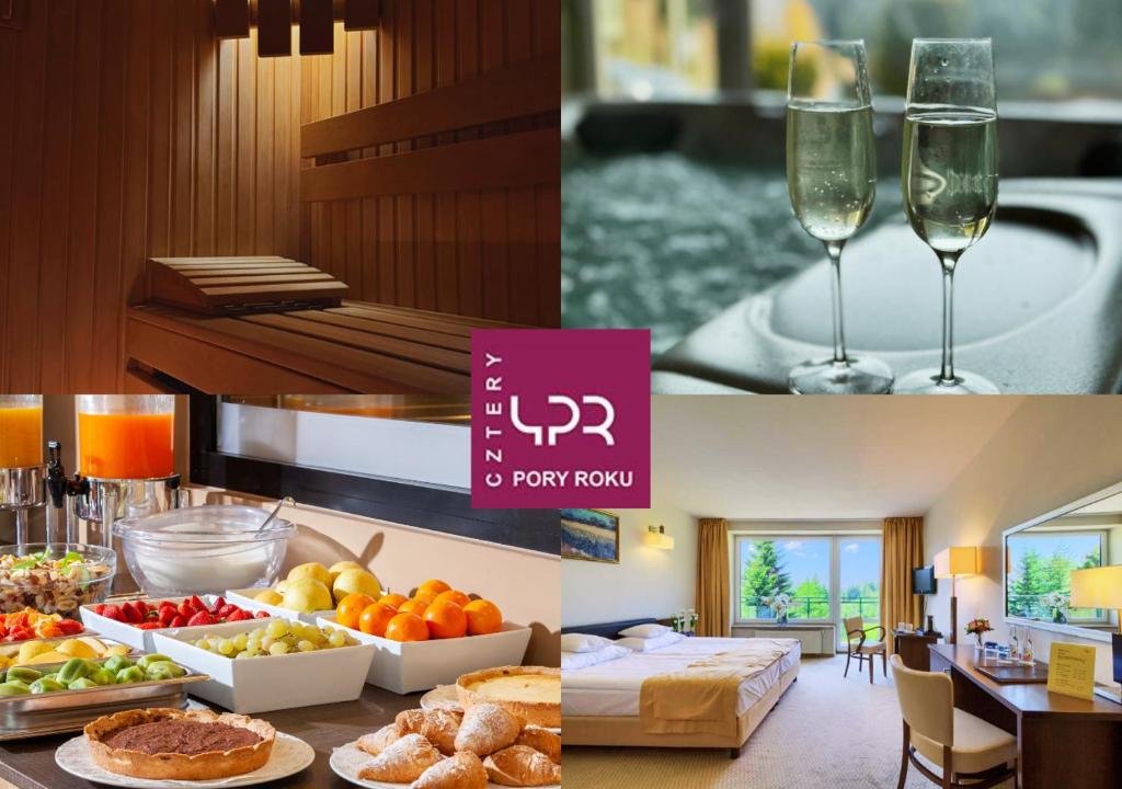 un collage de photos d'un restaurant avec des verres à vin dans l'établissement 4 Pory Roku & Spa, à Krynica-Zdrój