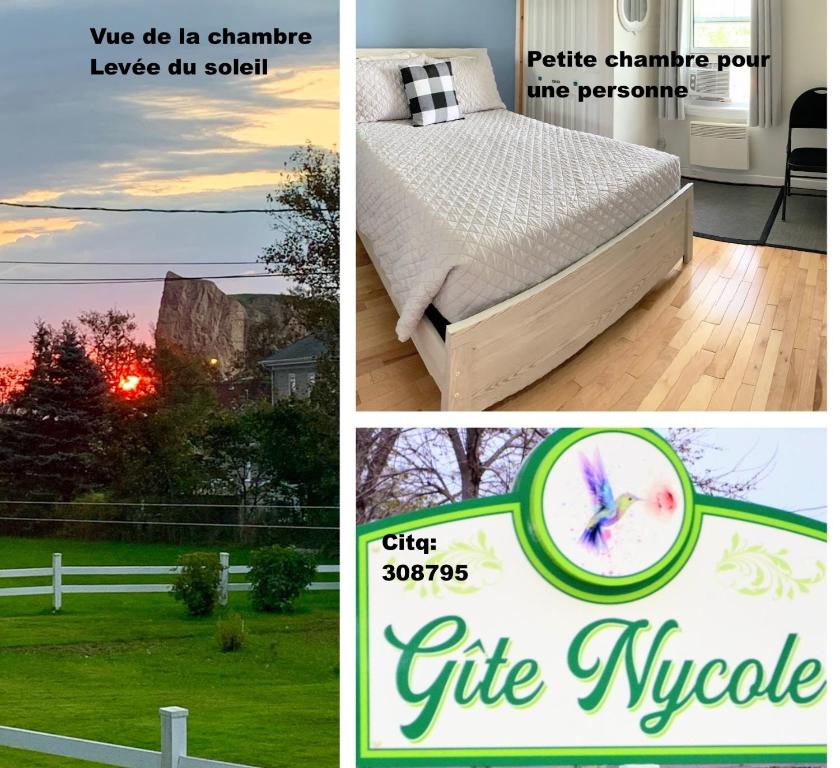 a collage of three pictures with a bed and a sign at Gîte Nycole in Perce