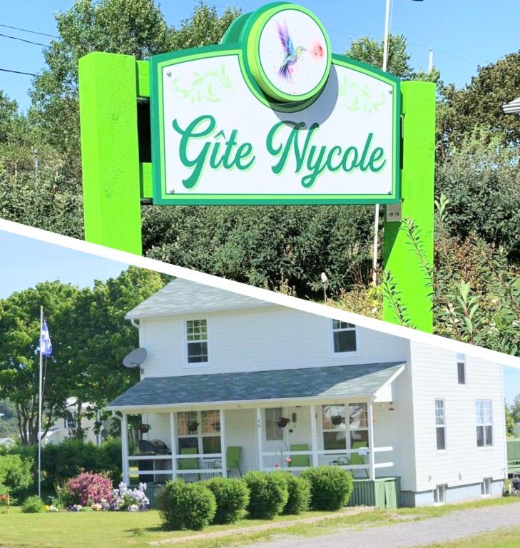 a collage of two pictures of a gift nudge sign at Gîte Nycole in Perce