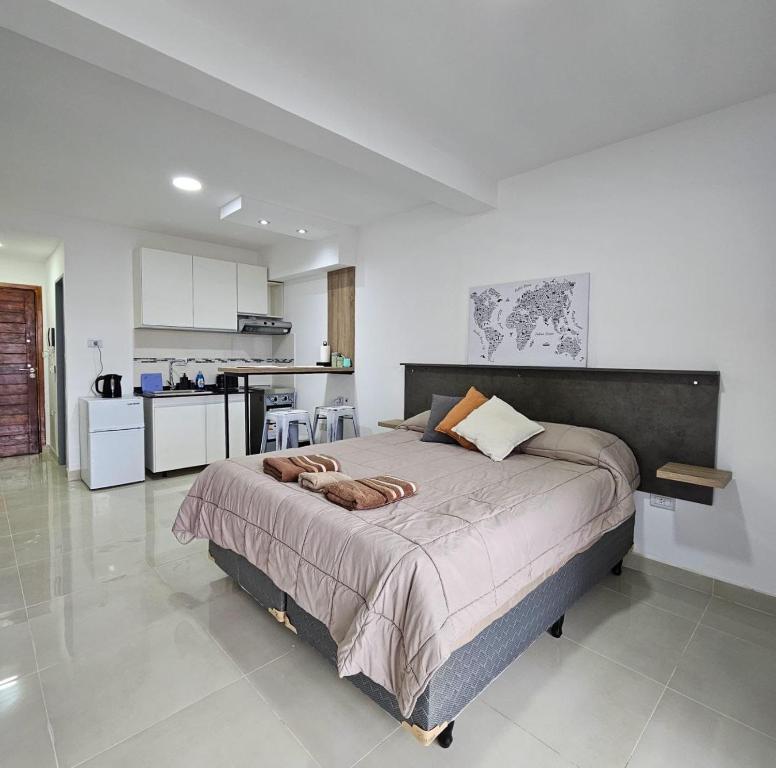 a bedroom with a large bed and a kitchen at Atardecer Sur Belgrano in Ushuaia