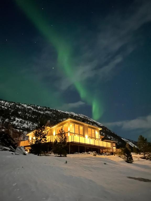 un bâtiment avec l'aurore dans le ciel la nuit dans l'établissement Efjord and Stetind Resort - Cabin Stetind, à Ballangen