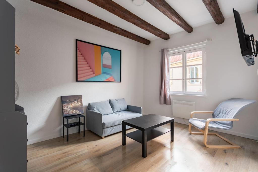 un salon avec un canapé et une table dans l'établissement Confort au cœur de Strasbourg, à Strasbourg