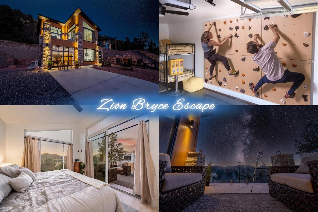 格伦代尔Mountainside Retreat Climbing Wall Zion Bryce 3BR Stargazing Firepit EV的攀岩墙上一个男人的照片拼凑而成