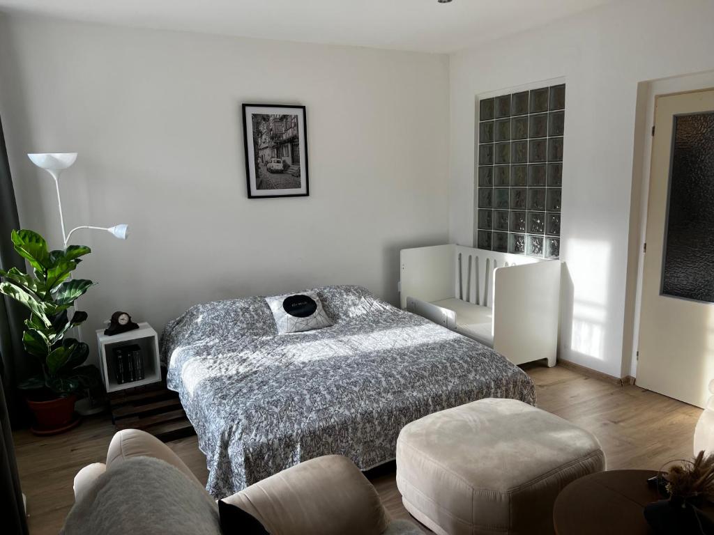 Letto o letti in una camera di Útulný apartmán v historickém centru města Písek