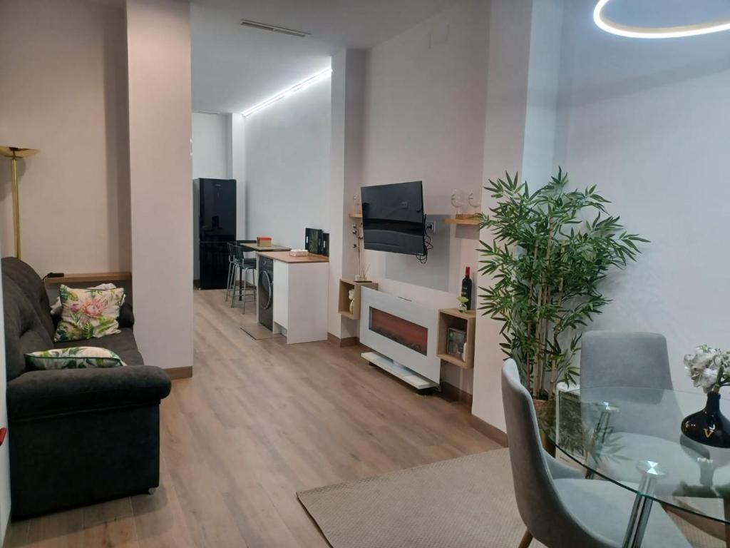 ein Wohnzimmer mit einem Sofa, einem Tisch und einem TV in der Unterkunft El Paseo a Madrid 169 - Junto a la Casa de Campo in Madrid