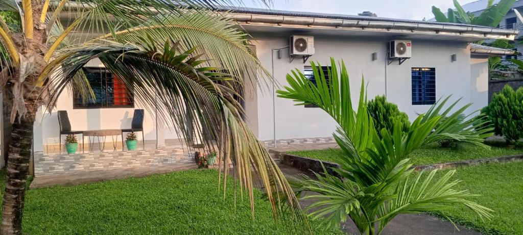 una casa blanca con una palmera delante en Villa Maheh, en Kribi