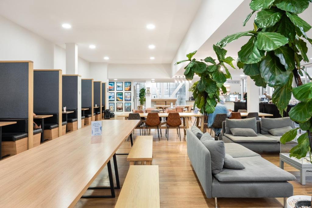 a lobby with tables and chairs and plants at YHA Sydney Harbour in Sydney